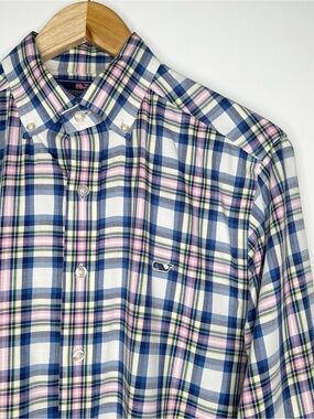 Vineyard Vines Slim Fit Whale Shirt Plaid Button Down Blue Pink Small